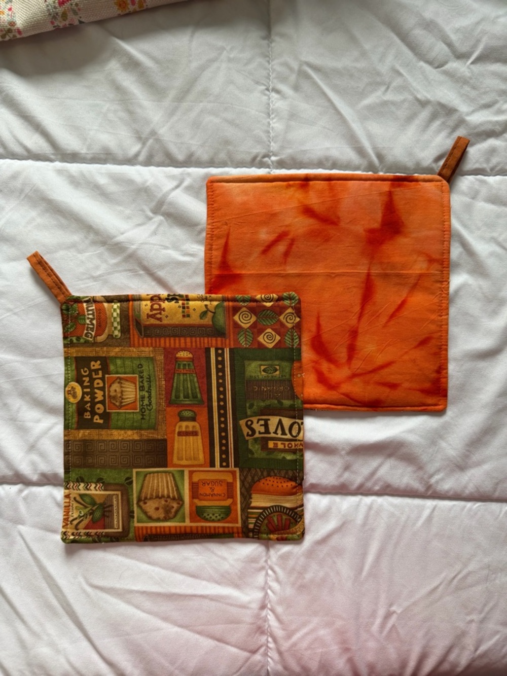 Handmade Cotton Orange Solid and Spice-Print Pot Holders